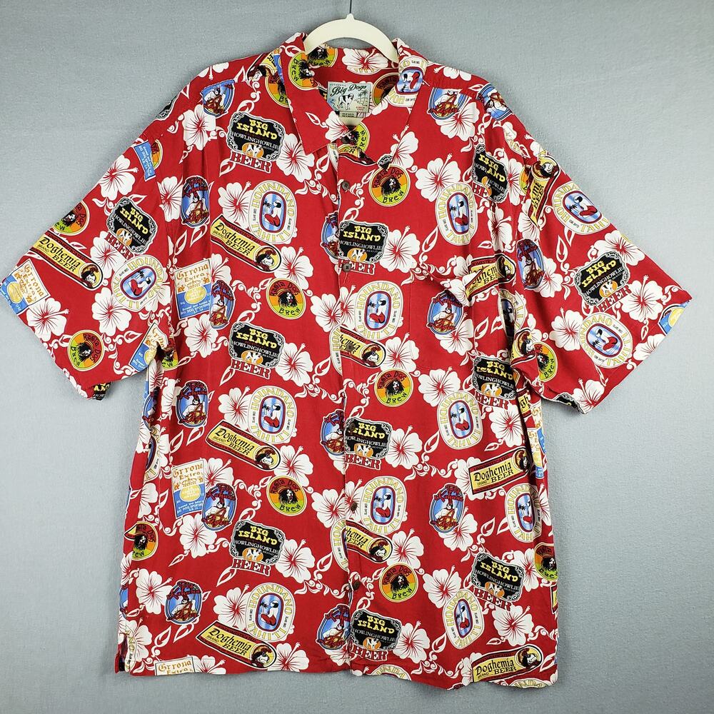 Vintage Big Dogs Men's Size 2X Hawiaan Shirt Red Tropical Dog Print Travel Bold
